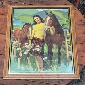 Frederick Sands Brunner Brunette w/ Colt & Mare Framed Vintage 1940s Print